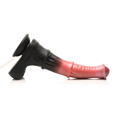Peach and black centaur-themed dildo with ribbed shaft, flared head, suction cup base, and attached syringe for squirting fluids.