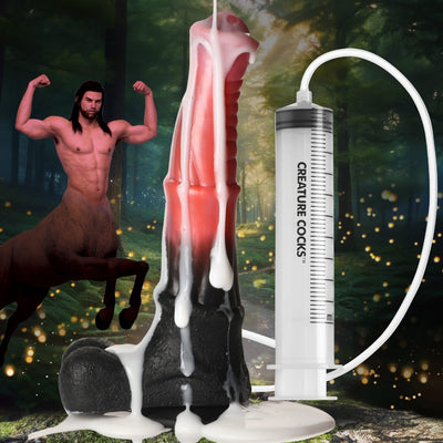Peach and black centaur-themed dildo with ribbed shaft, suction cup base, and attached syringe for squirting fluids, set in a forest background.