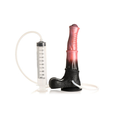 Peach and black centaur-themed dildo with ribbed shaft, suction cup base, and attached syringe for squirting fluids.