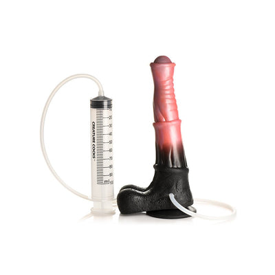 Peach and black centaur-themed dildo with ribbed shaft, suction cup base, and attached syringe and hose for squirting fluids.