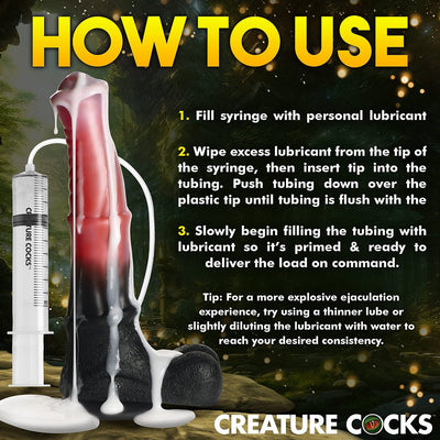 Instructional image showing how to use the Creature Cock Centaur Explosion dildo with syringe and tubing for squirting lubricant.