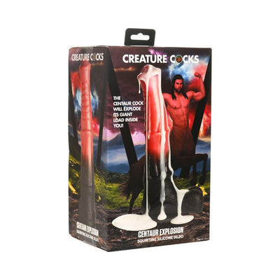 Packaging box for Creature Cocks Centaur Explosion squirting silicone dildo with fantasy centaur artwork.