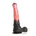 Peach and black centaur-themed dildo with ribbed shaft, flared head, large balls, and suction cup base with attached hose.