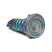 Iridescent teal, purple, gold segmented fantasy silicone adult toy with suction base, inspired by a caterpillar design.