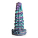 Iridescent teal, purple, and gold segmented silicone fantasy dildo with suction cup base and textured details.