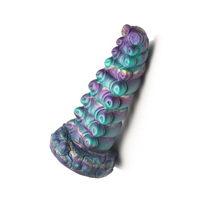 Iridescent teal, purple, and gold fantasy caterpillar-shaped silicone adult toy with textured segments and suction cup base.