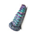 Iridescent teal, purple, and gold fantasy caterpillar-shaped silicone adult toy with textured segments and suction cup base.