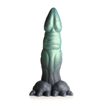 Green and black textured silicone dildo shaped like a dinosaur with clawed feet and a tapered tip.