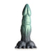 Green and black textured silicone dildo shaped like a dinosaur with clawed feet and a tapered tip.