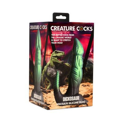 Packaging box for Creature Cocks Dickosaur dinosaur-themed silicone dildo with green textured design and T-Rex illustration.