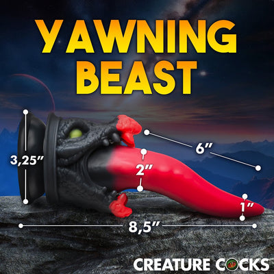 Black and red dragon-themed dildo with a long tapered tongue and suction cup base shown with size measurements.