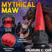 Red and black dragon-themed dildo with textured tongue, suction cup base, and harness compatibility shown with fantasy dragon background.
