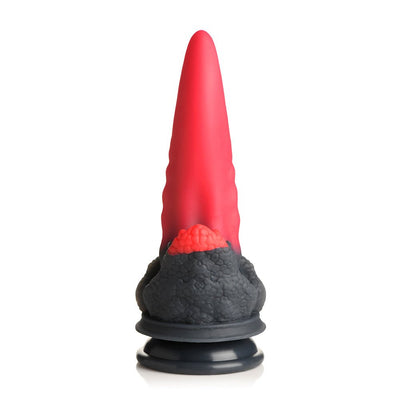 Red and black dragon-inspired silicone dildo with textured base and tapered smooth tip, featuring a suction cup bottom.
