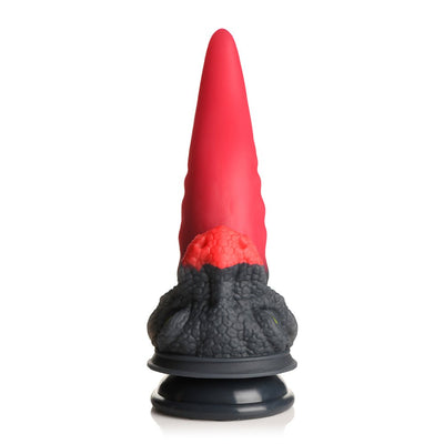 Red and black dragon-themed silicone dildo with textured base and tapered tip, featuring a suction cup for hands-free use.