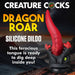 Red and black dragon-themed silicone dildo with a long tapered tongue and suction cup base on a dark fantasy background.