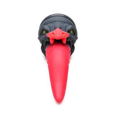 Red and black dragon-themed silicone dildo with a long tapered tongue and suction cup base, front view on white background.