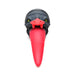 Red and black dragon-themed silicone dildo with a long tapered tongue and suction cup base, front view on white background.