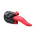Red and black dragon-themed silicone dildo with a long tapered tongue and suction cup base for hands-free use.