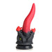 Red and black dragon-themed silicone dildo with a curved tongue design and suction cup base for hands-free use.
