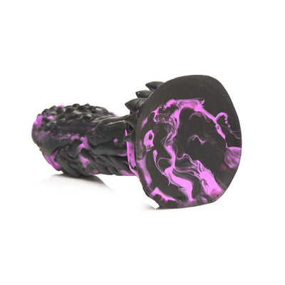Black and purple textured fantasy dildo with ridges, spikes, and a wide suction cup base featuring a marbled design.