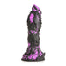 Black and purple textured fantasy dildo with ridges, spikes, and a wide suction cup base for hands-free use.