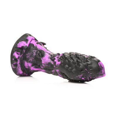 Black and purple textured fantasy silicone dildo with ridges, spikes, and suction cup base for hands-free use.