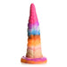 Colorful rainbow silicone tentacle-shaped adult toy with textured ridges and suction cup base on white background.