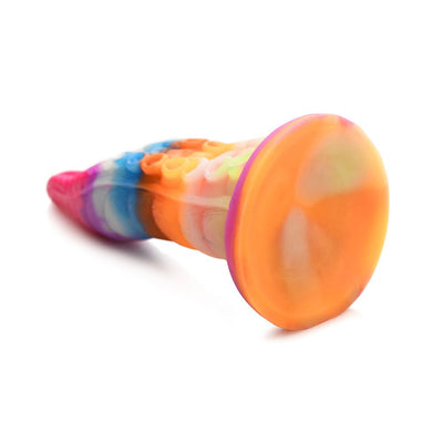 Rainbow-colored silicone tentacle toy with suction cup base, textured with suckers and a tapered tip.