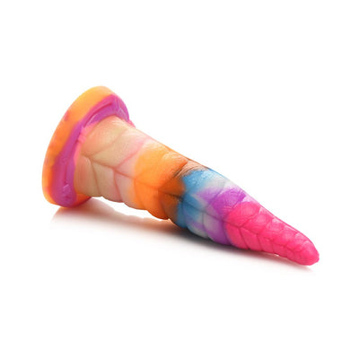 Colorful rainbow silicone tentacle-shaped adult toy with tapered tip and suction cup base on white background.