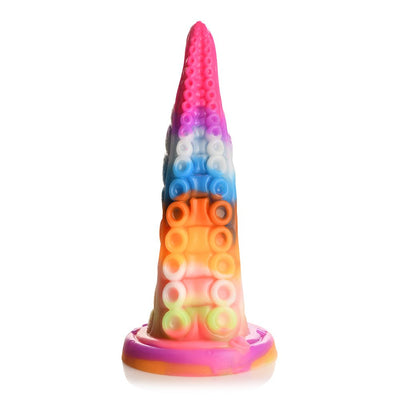 Colorful silicone tentacle-shaped adult toy with suction cup base and textured suction cup details.