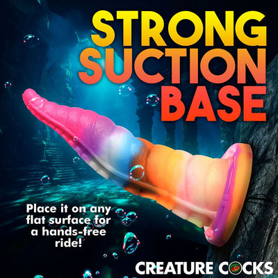 Rainbow-colored silicone tentacle dildo with strong suction cup base attached to a dark underwater surface.
