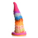Colorful silicone tentacle-shaped adult toy with textured suckers and a suction cup base standing upright on white background.