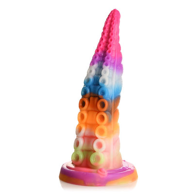 Rainbow-colored silicone tentacle toy with textured suction cup base, designed for fantasy and roleplay use.
