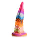Rainbow-colored silicone tentacle toy with textured suction cup base, designed for fantasy and roleplay use.