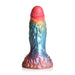 Rainbow-colored textured silicone dildo with a tapered head and wide suction-cup base, inspired by a phoenix design.