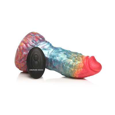Rainbow-colored textured silicone dildo with tapered head and suction cup base, shown with black remote control.