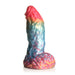 Iridescent rainbow silicone dildo with textured shaft and suction cup base, inspired by a phoenix design.