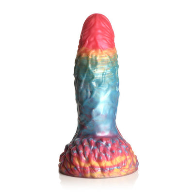 Iridescent rainbow silicone dildo with textured shaft and wide suction-cup base, inspired by a phoenix design.