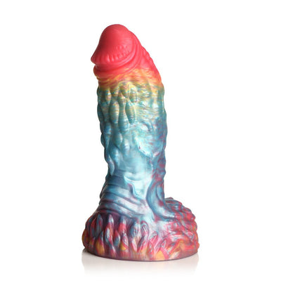 Iridescent rainbow-colored fantasy dildo with textured shaft and suction cup base inspired by a phoenix design.