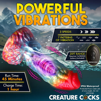 Iridescent rainbow-colored textured dildo with suction base shown underwater, highlighting powerful vibrations, 3 speeds, 7 patterns, and waterproof design.