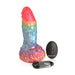 Rainbow-colored textured silicone dildo with suction base, black remote control, and USB charging cable.