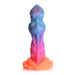 Colorful silicone dildo with textured ridges and suction cup base in blue, purple, pink, and orange gradient design.