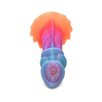 Colorful silicone fantasy dildo with textured ridges and suction cup base in shades of blue, purple, pink, and orange.