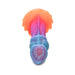 Colorful silicone fantasy dildo with textured ridges and suction cup base in shades of blue, purple, pink, and orange.