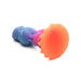 Colorful silicone fantasy dildo with textured ridges and a wide orange suction cup base on white background.