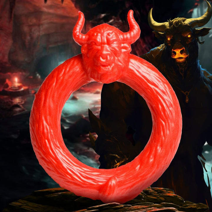 Bright red silicone c-ring featuring a detailed bull head with horns, set against a dark fantasy cave background.