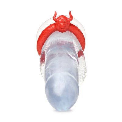 Red stretchy silicone c-ring featuring a detailed bull head with horns, displayed on a clear model.