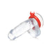 Clear silicone male anatomy model wearing a bright red stretchy silicone c-ring shaped like a horned beast head.