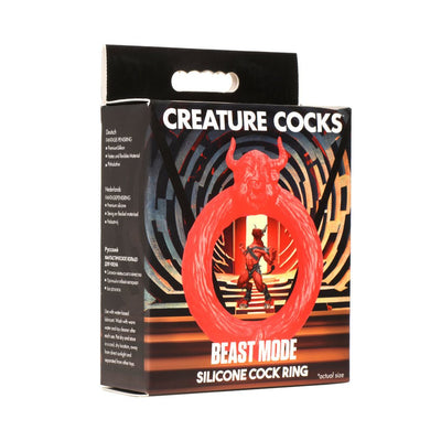 Packaging of Creature Cocks Beast Mode red silicone cock ring featuring a bull head design and fantasy maze background.