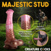 Pink and brown centaur-themed dildo with ribbed texture, suction base, and harness compatibility shown in forest setting.